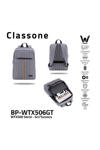 Classone Bp-wtx506gt 15.6 بوصة قماش مقاوم للماء وسحاب، كمبيوتر محمول، حقيبة كمبيوتر محمول-رمادي-برتقالي