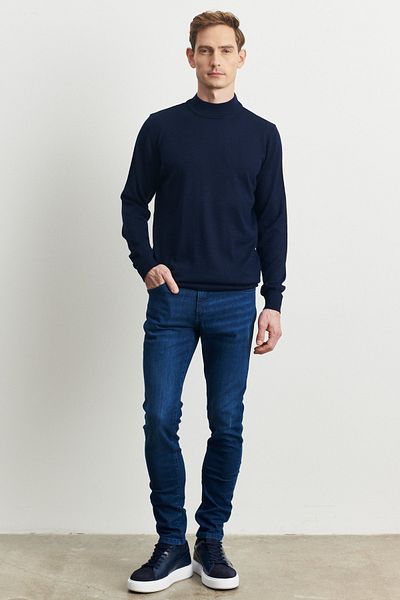 ALTINYILDIZ CLASSICS Marineblauer Wollstrickpullover mit normaler Passform und halbem Rollkragenpullover für Herren