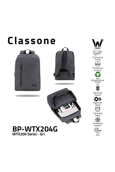 Classone Bp-wtx204g 15.6 بوصة قماش مقاوم للماء سحاب مقاوم للماء، دفتر، حقيبة كمبيوتر محمول - رمادي