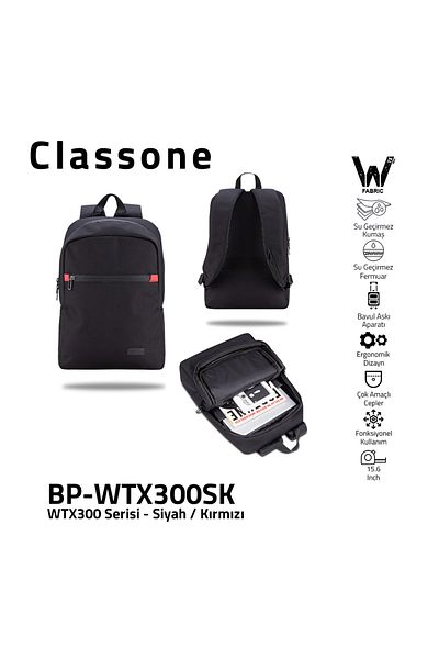 Classone Bp-wtx300sk 15.6 بوصة قماش مقاوم للماء وسحاب، كمبيوتر محمول، حقيبة كمبيوتر محمول - أسود - أحمر