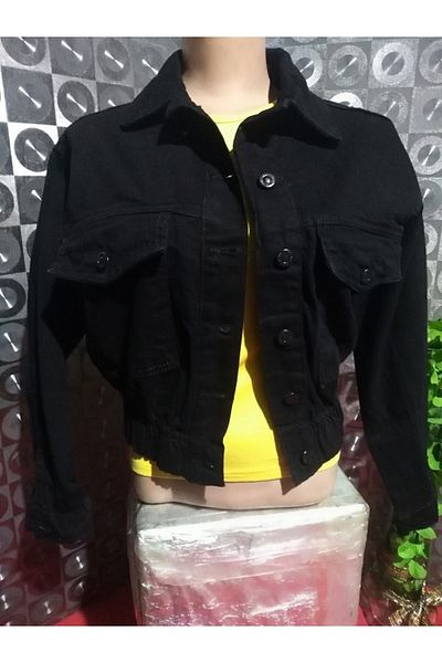 Butik Karaca Femei Fată Negru Crop Denim Elephant Regular Button Oversize Jeans Palton