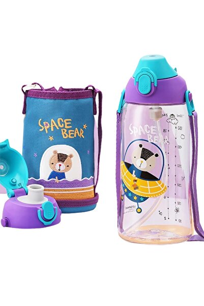 Uzspace Büyük Boy 700ml Kılıflı Askılı Pipetli/pipetsiz Iki Ayrı Kapaklı Tritan Çocuk Matarası