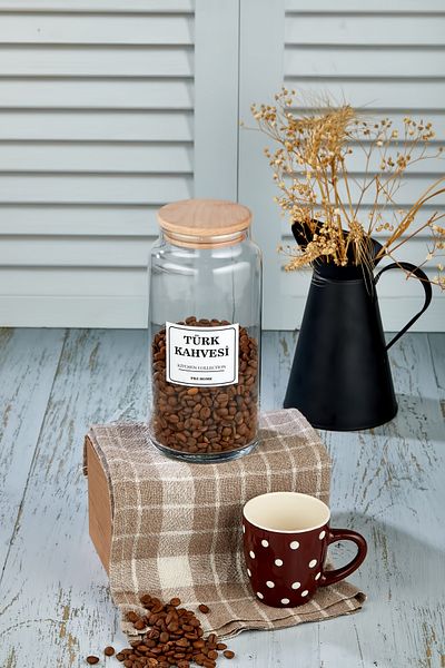 FBZhome Turkish Coffee Storage Container with Wooden Lid 1300 Ml Glass Jar