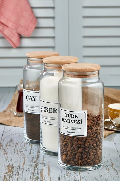 FBZhome 3-Piece Wooden Lid Tea & Turkish Coffee & Sugar Storage Container 1300 Ml Glass Jar