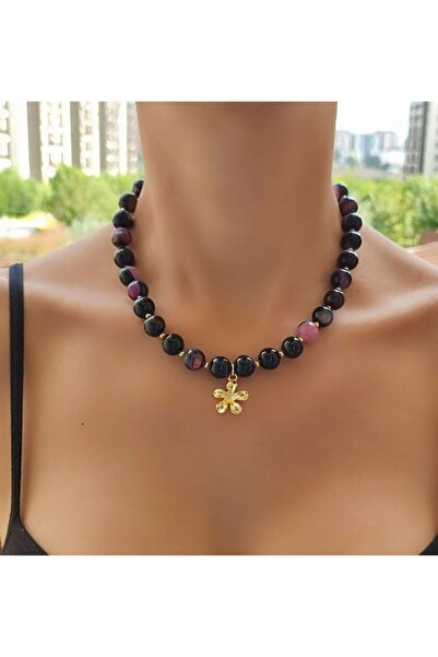 elinasaccessories Özel Tasarım El Yapımı 10mm Siyah Akik Kolye Papatya Kolye ...