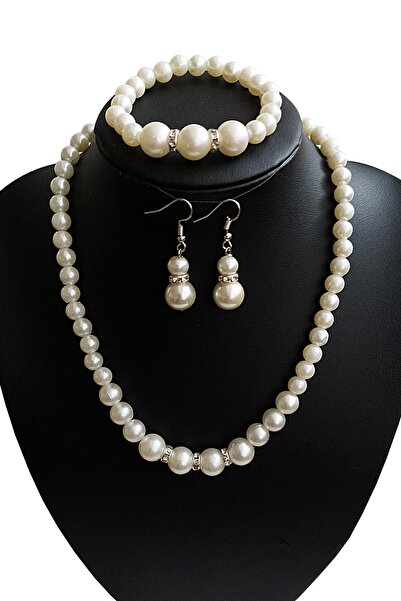BİJUTERİ EVİ Pearl Women's Jewelry Set Stone Detailed Set 3-Piece Combination