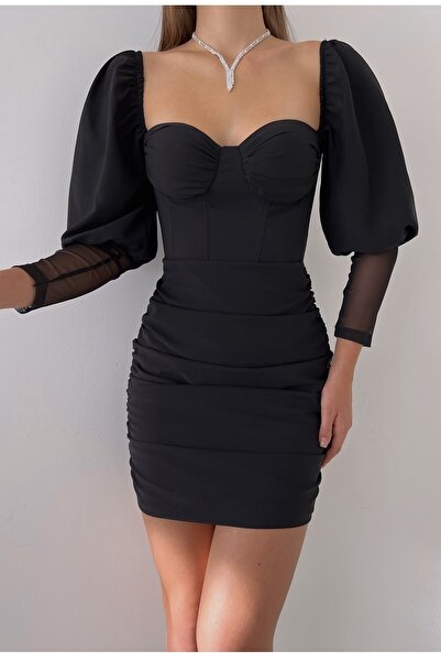 bayansepeti Kadın Göğüs Dolgulu Yandan Büzgülü Krep Kumaş Balon Kol Detay Siy...