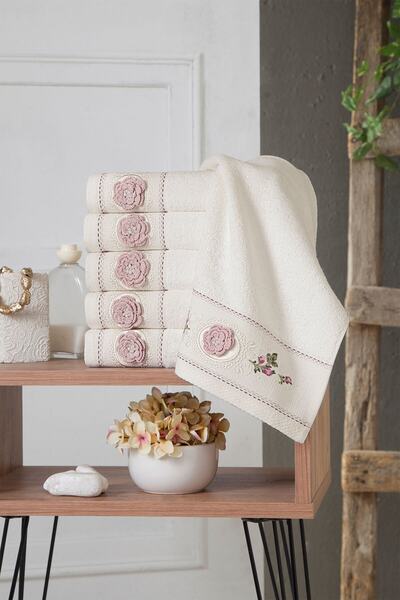 Fiesta | 50x90 Cm | Dream Duygu | 3d Nakışlı | %100 Bambu | Krem Pudra | 6 Ad...