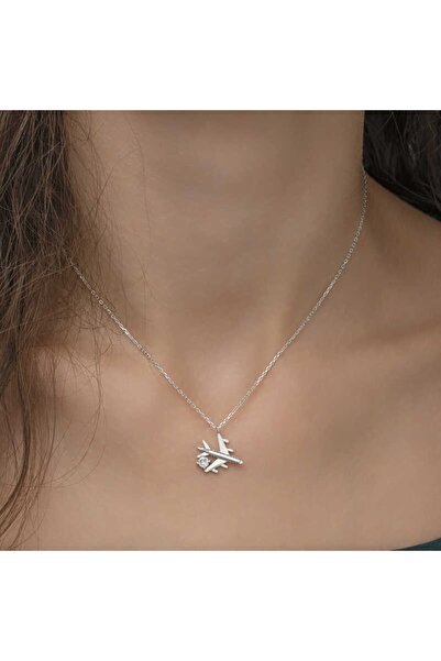 Gumush Gümüş Rodyum Tek Taşlı Uçak Kadın Kolye