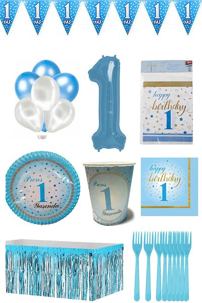 Parti dolabı 1 Year Old Boy Birthday Party Set for 8 Persons with Blue Numbers and White Balloons (plates, glasses, napkins etc.)