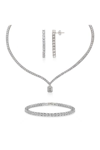 Silveranka 925 Ayar Gümüş Rodyumlu Su Yolu Baget Düğün Takı Seti