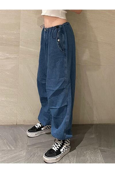 Touz Blue Tactical Parachute Fabric Rubber Leg Loose Trousers