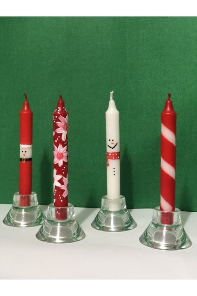 Elif Design 4 Lü Yılbaşı Mum Seti Yeni Yıl Çiçekli El Çizimi Desenli Mum Noel...