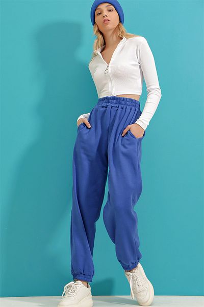 Trend Alaçatı Stili Damen Saks Jogginghose mit hoher Taille, zwei Taschen, gerippter Innenseite, ALC-X9365