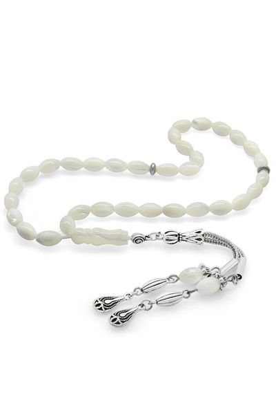Tesbihane Non-Tarnish Metal Crescent Star Tasseled Barley Cut Mother of Pearl Natural Stone Rosary101001998