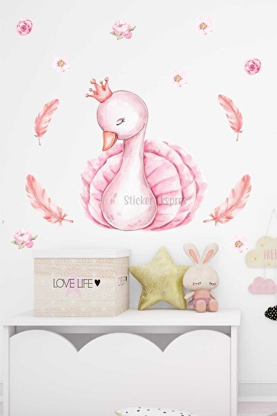 Sticker Ekspres Zarif Kuğu Ve Çiçekler Çocuk Odası Duvar Sticker Seti
