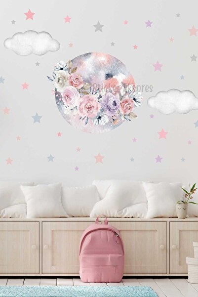 Floral Full Moon Clouds And Stars Kids Room Wall Stickers Set