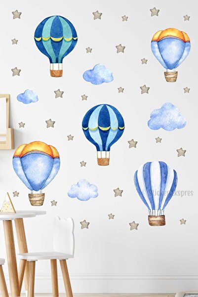 Sticker Ekspres Gri Yıldızlı Suluboya Balonlar Çocuk Odası Duvar Sticker Seti