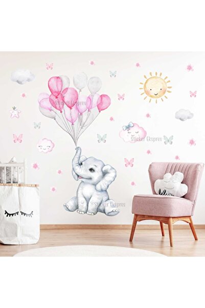 Sticker Ekspres Pembe Gri Balonları Tutan Sevimli Fil Çocuk Odası Duvar Stick...