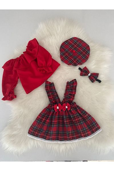 Moda Lina Plaid Salopet Hat Red Blouse Set