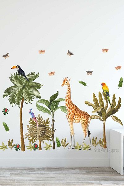 Sticker Ekspres Set de autocolante de perete pentru camera copiilor cu girafe tropicale de dimensiune medie