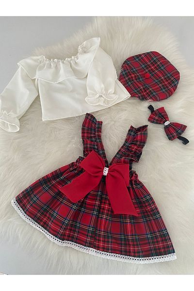 Moda Lina Plaid Salopet Banda Hat Blouse Set