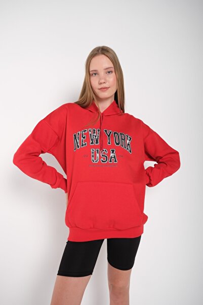 MODAGEN Női piros New York-i USA nyomott kapucnis oversize pulóver