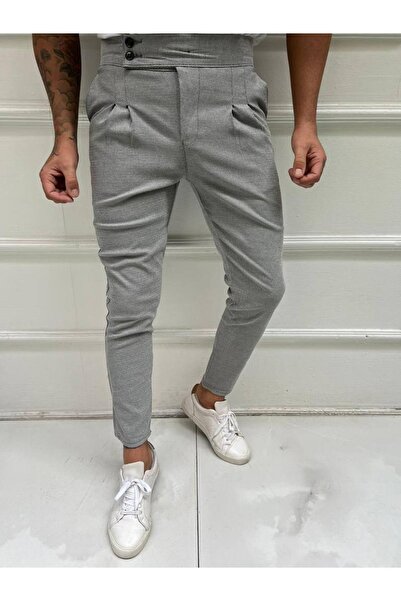 Ser Joven Men's Gray Slim Fit Pleated Button Detailed Linen Trousers