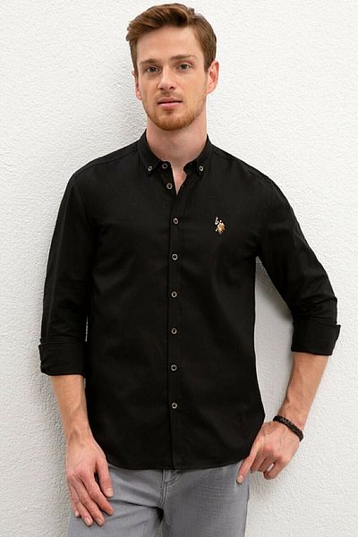 U.S. Polo Assn. Υφαντό μαύρο πουκάμισο με κανονική εφαρμογή