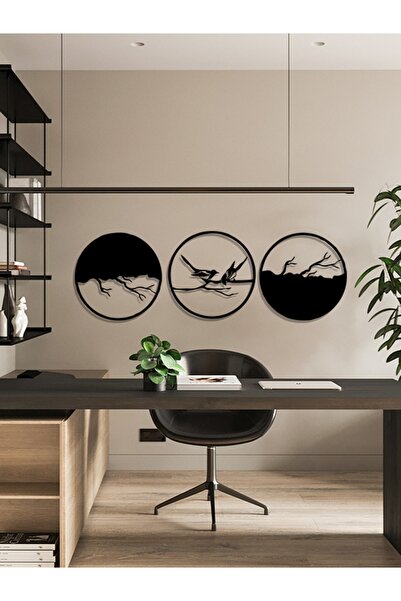 Genel Markalar 3'lü Kuşlar Siyah Lazer Kesim Ahşap Tablo Duvar Aksesuarları D...