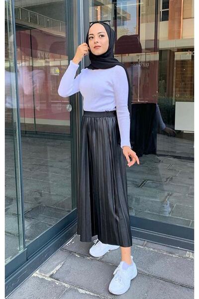 ZARİFSTORE تنورة سوداء مطوية ببطانة مظهر جلدي