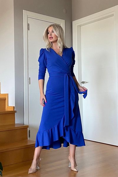 JANES Rochie cu mânecă lungă, cu curea, lungime midi, din material creponat pentru femei