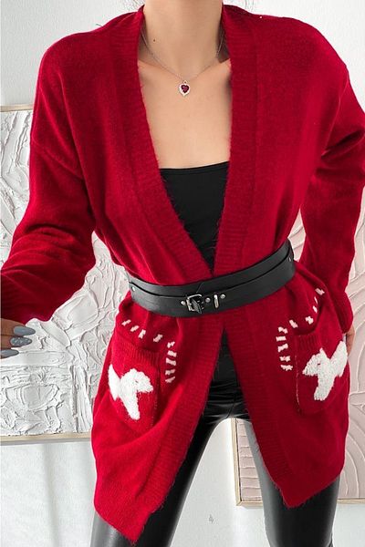 FEMELLE Cardigan din tricotaj fluide cu buzunar dublu Claret Red Sheep Character de damă