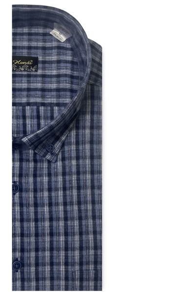 TWO HANDS Men's Classic Winter Plus Size Wool Plaid Checked Navy Blue Shirt 3152