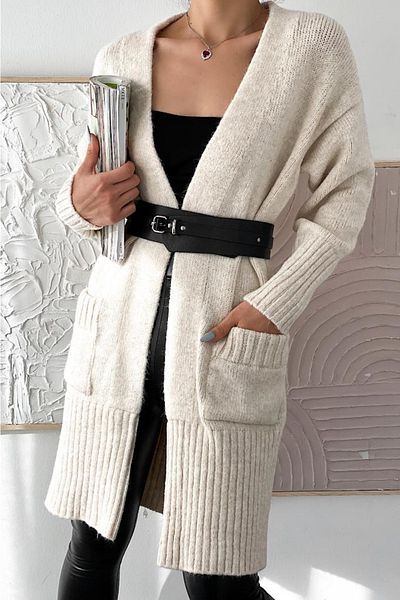 FEMELLE Cardigan de damă de culoare crem, lung, cu buzunar dublu, mărime standard
