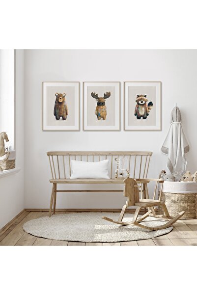 Olamia Geyik, Rakun, Ayı Çizimli Bebek & Çocuk Odası Dekoratif Mdf Duvar Tabl...