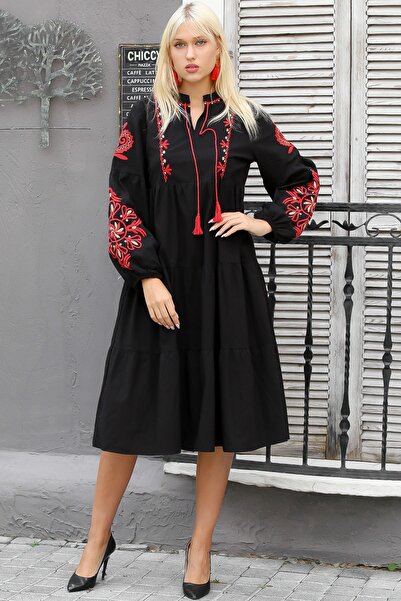 Chiccy Dámský černý magnetický límec s balonovým rukávem se zavazováním, nepodšitý, ležérní střih, bavlněné tkané šaty