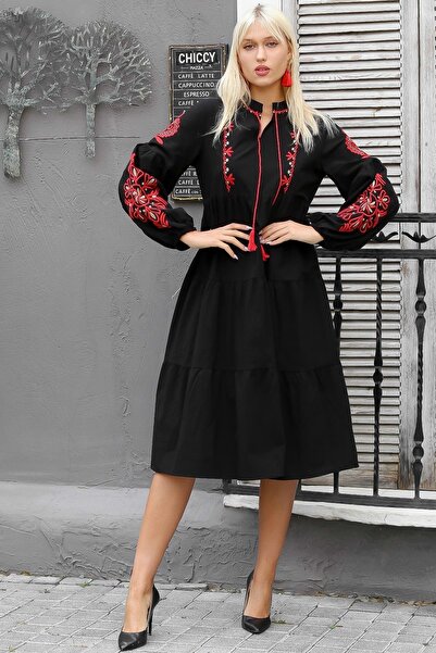 Chiccy Dámský černý magnetický límec s balonovým rukávem se zavazováním, nepodšitý, ležérní střih, bavlněné tkané šaty