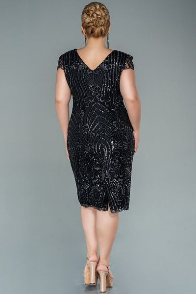 Abiyefon Black Short Sleeve Sequin Embroidered Midi Plus Size Evening Dress Abk1283