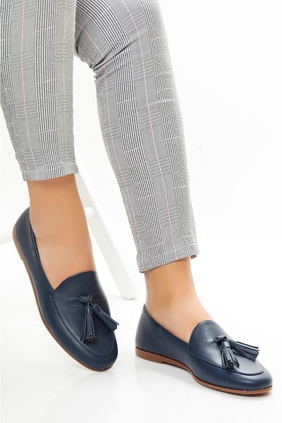 Deripabuc Genuine Leather Navy Blue Women's Leather Loafer Pcc-f06