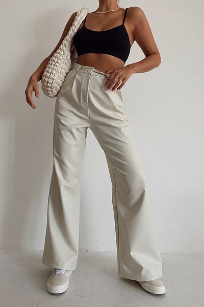 Hello Lovely Palazzo Leather Cream Trousers