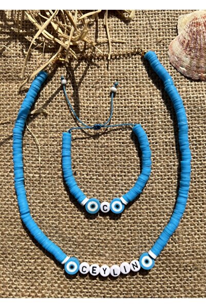 Karlay Çocuk Isimli Mavi Nazar Boncuk Kolye Bileklik Seti