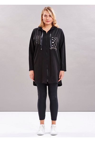 EVEN plus size Black Hooded Zippered Large Size Sweatshirt