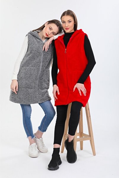 MODA VUSLAT Kadın Gri Uzun Fermuarlı Polar Yelek