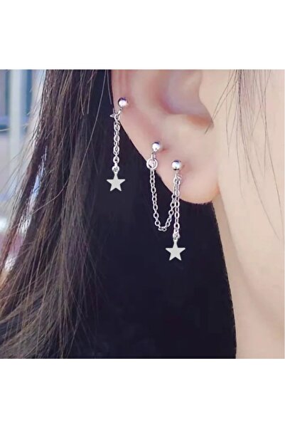 TakıConcept 3'lü Zincirli Yıldız Detaylı Kıkırdak Küpe