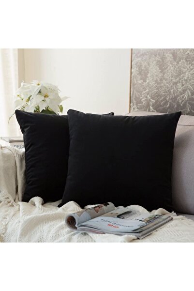 LadiesHome غطاء وسادة مخملي فاخر باللون الأسود مكون من قطعتين مقاس 43 × 43 سم