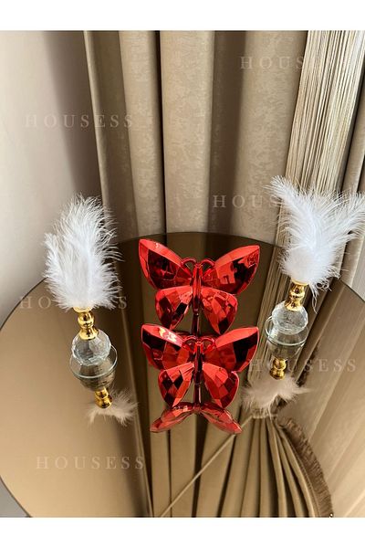 Housess Decorative Red Butterfly and 2 Gold Feather Holder Trinket Ornament