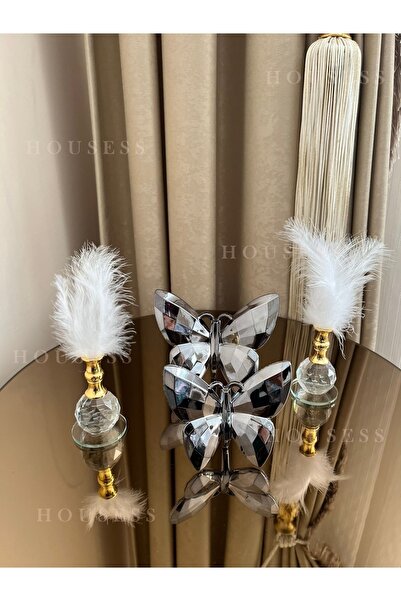 Housess Dekoratif Antrasit Kelebek Ve 2 Adet Gold Tüylük Biblo Süs