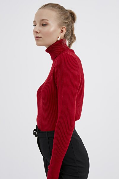 MEECY Women's Red Turtleneck Knitwear Sweater