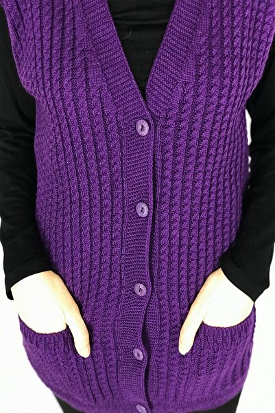 BARLAS TRİKO Жіночий светр з V-подібним вирізом, вовняний трикотаж, кишені, плетені коси